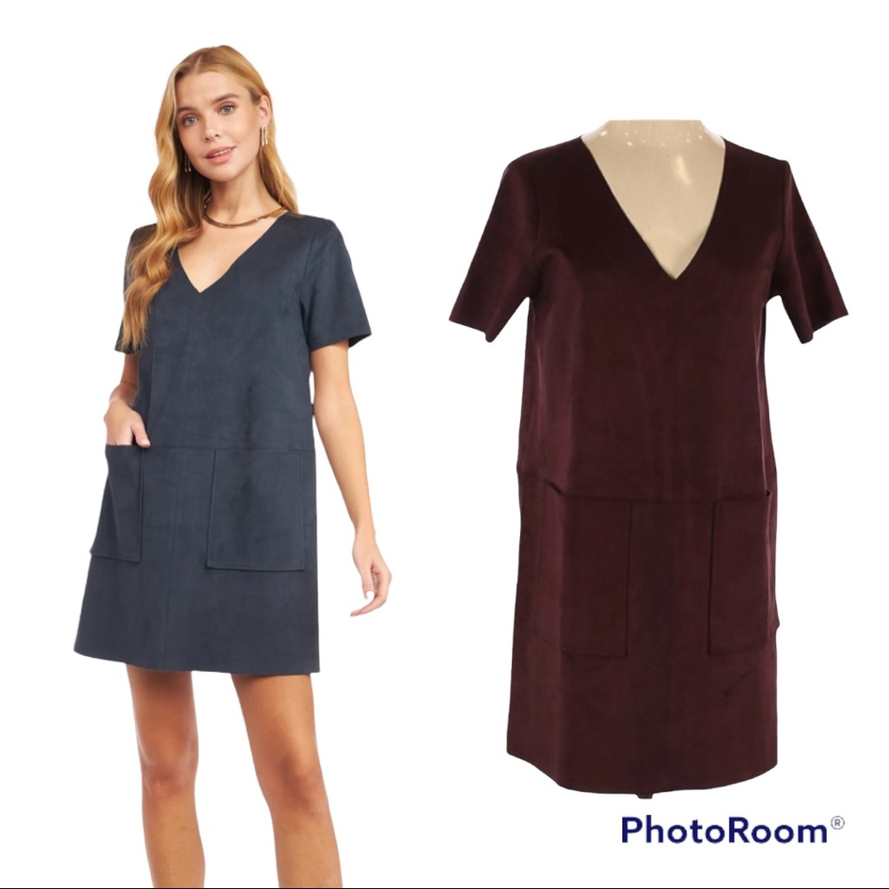 Naked Zebra Suede Short Sleeve Dress Size Small Brown pockets Micro-Mini Length